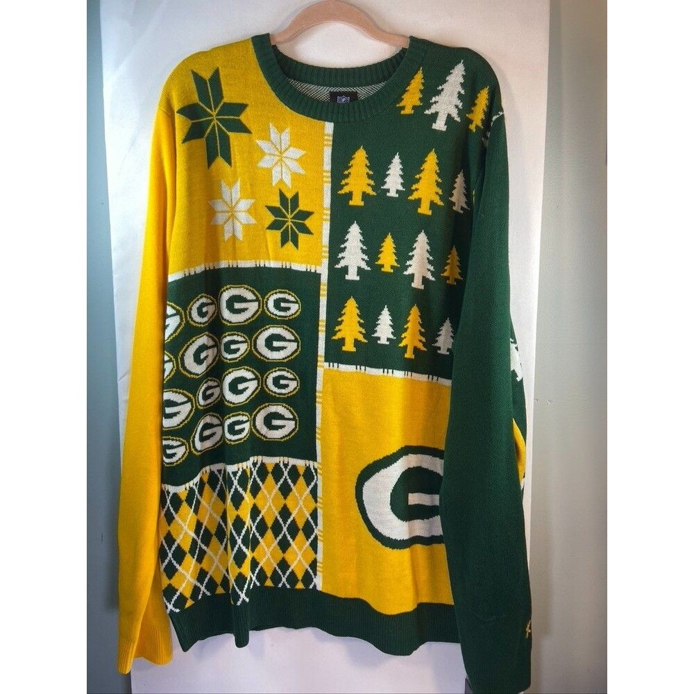 NFL TEAM APPAREL MENS 2XL GREENBAY PACKERS GREEN PULLOVER SWEATER TREES SNOWFLAK